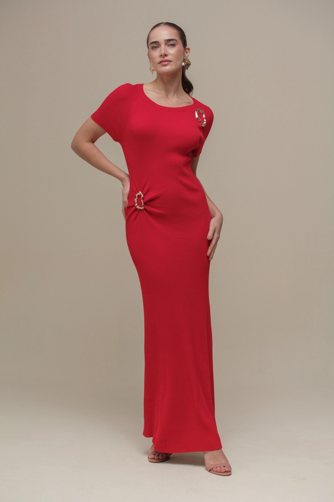 9036658 - Vestido Tricô Longo Fivela  VERMELHO