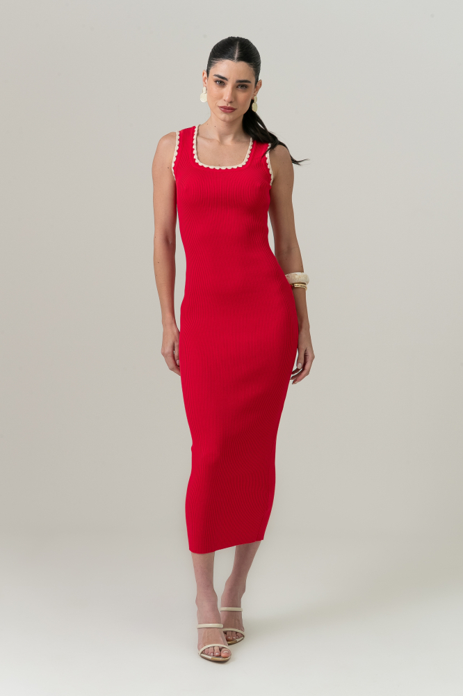9038846 - Vestido Tricot Bordados Cava E Decote VERMELHO 9038846 - Vestido Tricot Bordados Cava E Decote VERMELHO
