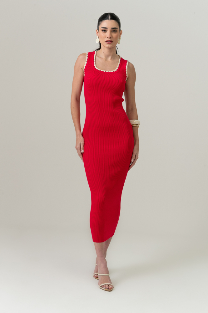 9038846 - Vestido Tricot Bordados Cava E Decote VERMELHO 9038846 - Vestido Tricot Bordados Cava E Decote VERMELHO